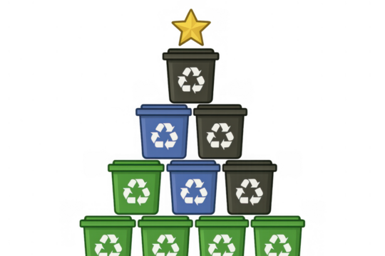 Recycling bins forming a christmas tree with a golden star, symbolizing sustainable holiday waste management