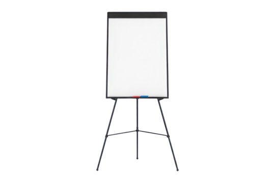 Blank flip chart easel for presentations and meetings isolated on transparent background