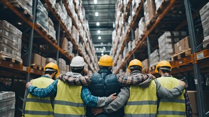 Six factory workers in yellow vests and hard hats stand with arms around each other in a warehouse
