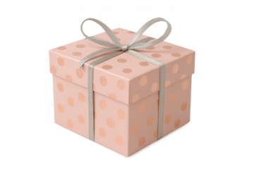 Pink polka dot gift box with silver ribbon and bow reflecting celebration, birthday, and special occasion surprise