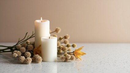 Cozy Minimalist Candle Arrangement with Dried Flowers and Warm Light