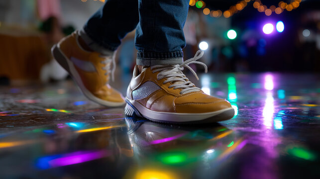 Soft-focus capture of moving legs and shoes on the dance floor, colorful reflections of neon holiday lights, with copy space.