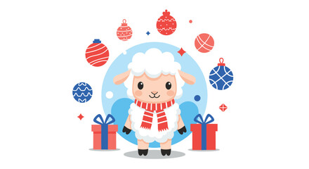 Cute cartoon sheep wearing a scarf with Christmas ornaments and gifts around it.