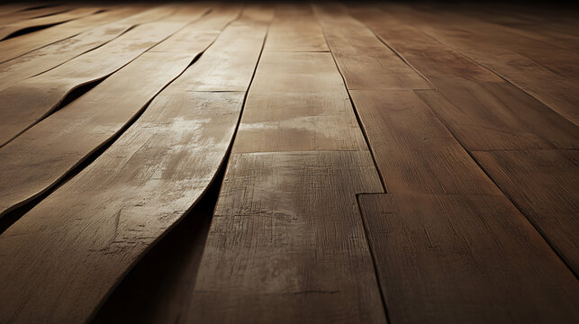 Rustic wooden floor with a unique, undulating pattern. The wood grain is visible, adding depth and texture. Lighting highlights the natural tone. A warm and inviting feel.