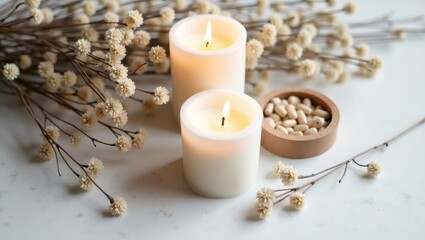 Cozy Minimalist Candle Arrangement with Dried Flowers and Warm Light