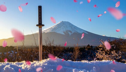 A lone samurai sword standing in snow under Mount Fuji, glowing faintly under the morning sun, surrounded by cherry blossom petals, cinematic lighting, no human, peaceful and powerful atmosphere.