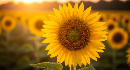 Fototapeta premium Macro image of a vibrant yellow sunflower showing detailed petals and natural texture.