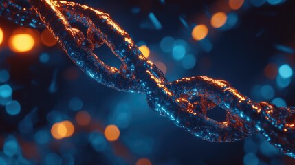 Close-up 3D render of DNA molecule structure glowing with blue and orange light in scientific background.