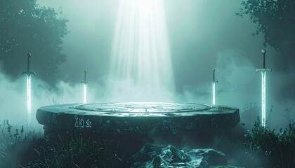 Ruins of an ancient stone platform with swords embedded around, glowing runes on the floor, misty light, fantasy atmosphere, no temple, no human.
