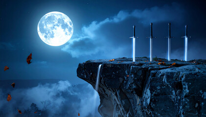 Several ancient swords planted along a cliff edge under a glowing moon, surrounded by mist and falling leaves, no human, epic fantasy atmosphere.