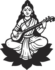 Fototapeta premium Indian goddess Saraswathi sitting on lotus and playing musical instrument veena