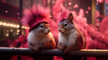 two stylish squirrels in pink hats at the theatre — whimsical fantasy scene full of charm and humor, perfect for holiday ads, greeting cards, and storytelling visuals.