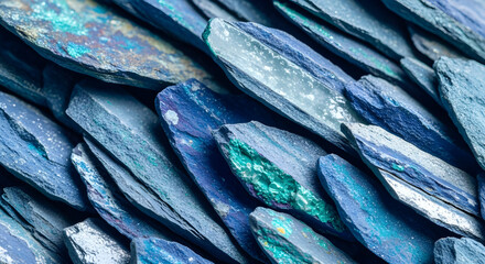 Obraz premium Abstract close up of overlapping textured blue and teal stone or mineral fragments with iridescent shimmer