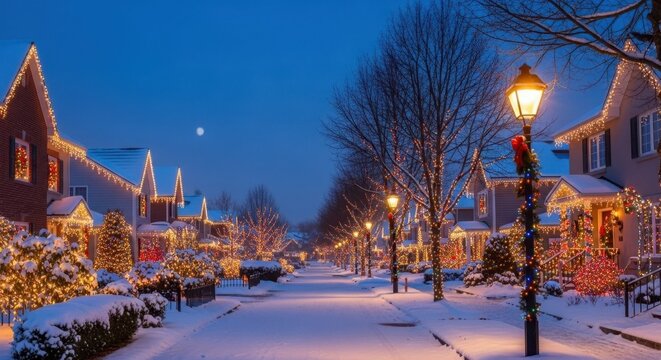 Snow-covered suburban street glowing with Christmas lights, festive twilight neighborhood scene with copy space