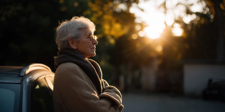 Elderly caucasian woman reflecting outdoors at sunset