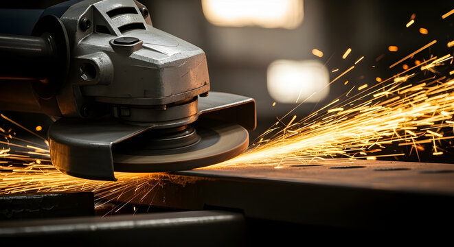 Close up of an angle grinder creating a shower of bright orange sparks on metal