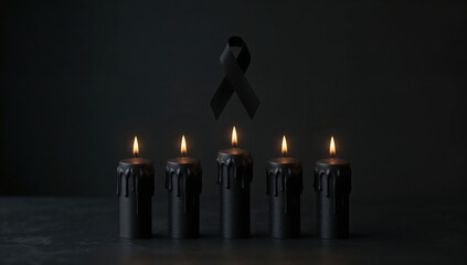Mourning and remembrance with black candles and ribbon in dark background