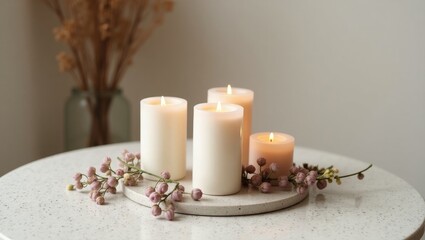 Cozy Minimalist Candle Arrangement with Dried Flowers and Warm Light