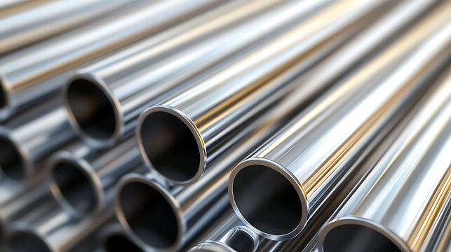 A close-up showcases a stack of gleaming, cylindrical metal tubes, their polished surfaces reflecting light. The tubes create an orderly pattern, evoking a sense of industrial precision.
