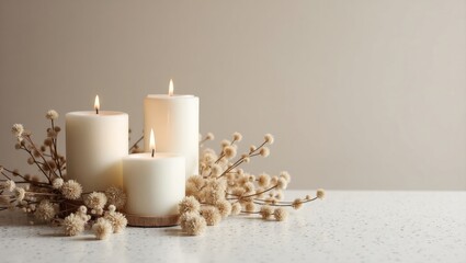 Cozy Minimalist Candle Arrangement with Dried Flowers and Warm Light