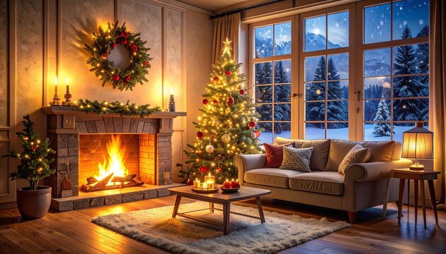 Cozy Christmas living room with decorated tree, fireplace, candles, and snowy sunset view
