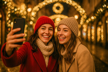 Vibrant night photo of two cheerful young women taking a selfie under glowing Christmas street lights. Wearing cozy coats and knitted hats, they smile warmly against a golden bokeh background. 
