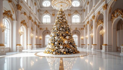 Elegant Christmas room with gold decorations, marble floor, and multiple festive trees