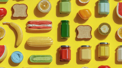 Colorful assortment of food items and jars arranged on a yellow background