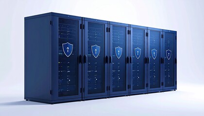 Secure data center server racks with digital shield icons representing cybersecurity.