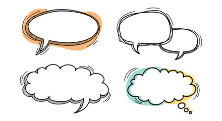 Four hand-drawn speech bubble illustrations with different shapes and colors.