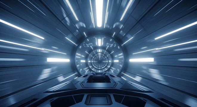 Futuristic sci fi space station corridor with blinding white lights and metallic walls - Powered by Adobe