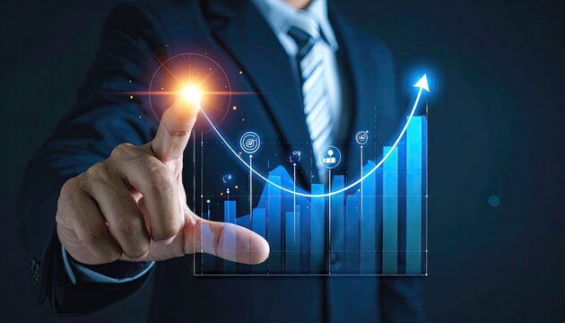 Businessman analyzing digital financial growth chart with futuristic interface.