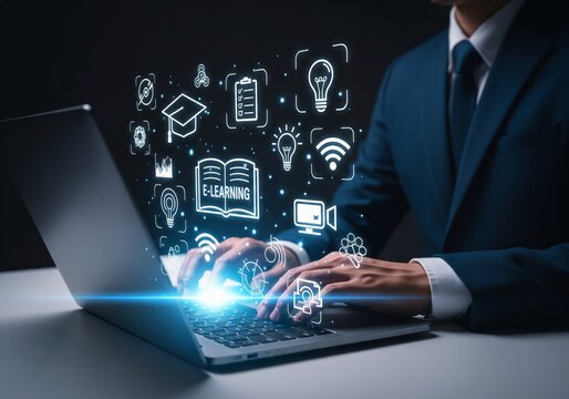 Businessman using laptop for digital education and online learning concepts.