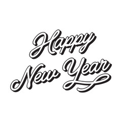 “Happy New Year” lettered vector badge in clean retro and script styles. Perfect for holiday cards, merch, prints, posters,  stickers, labels, social media graphics, and festive branding.	
