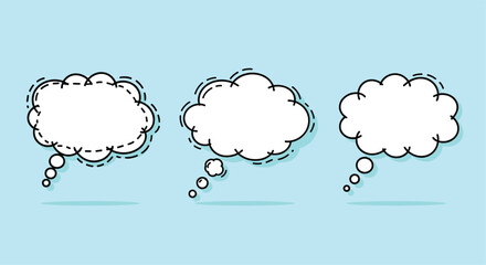 Three hand-drawn cartoon thought bubbles with dotted outlines float on a light blue background.