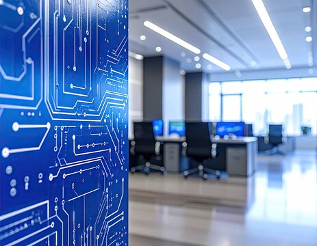 Modern Office Interior with Futuristic Circuit Board Design Backdrop.