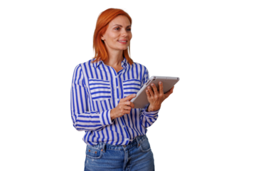 Redhead woman smiling, using a digital tablet, representing modern communication and digital entrepreneurship