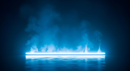 Mysterious blue neon light emanates from a glowing rectangular frame surrounded by swirling ethereal smoke and mist