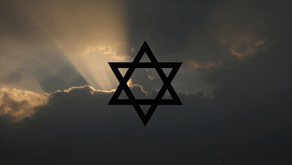 Star of David Symbol Against Dramatic Sky with Sun Rays Shining Through