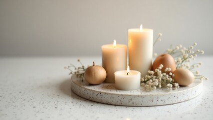 Cozy Minimalist Candle Arrangement with Dried Flowers and Warm Light