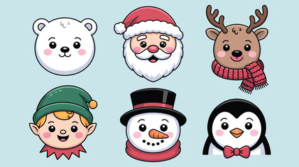 Obraz premium Set of six festive cartoon characters including Santa, polar bear, reindeer, elf, snowman, and penguin in colorful winter holiday style