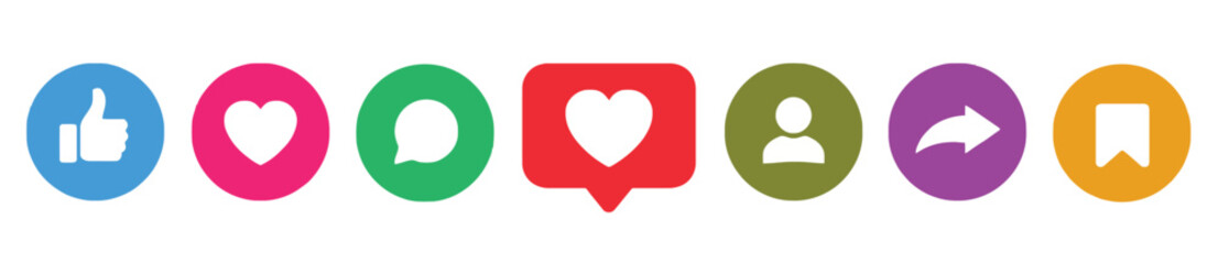 social media, icons, symbols, likes, hearts, comments, speech bubble, share, save, profile, people, thumbs up, engagement, digital, communication, network, online, web, app, interface, design, colorfu