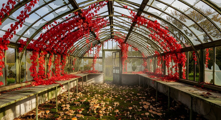 Overgrown abandoned greenhouse with vibrant red vines and fallen leaves creating an ethereal atmosphere