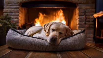 a peaceful labrador retriever sleeps soundly in a comfortable dog bed before a cozy fireplace