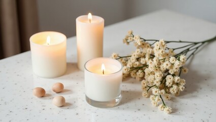 Cozy Minimalist Candle Arrangement with Dried Flowers and Warm Light