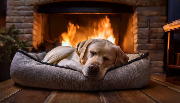 a peaceful labrador retriever sleeps soundly in a comfortable dog bed before a cozy fireplace