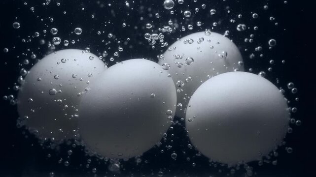 Four white eggs submerged in boiling water with rising bubbles against dark background
