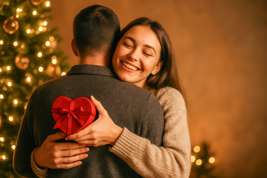 Warm and emotional Christmas photo of a young couple embracing near a decorated Christmas tree. The woman smiles joyfully while holding a small red heart-shaped gift box behind the man’s back.  - Powered by Adobe