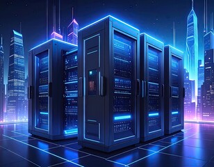 Futuristic Data Center Servers with Neon City Skyline Background.