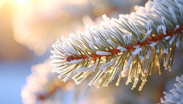 Close-up of frost-covered pine branch glowing in warm winter sunlight, capturing the quiet beauty of the season. - Powered by Adobe
